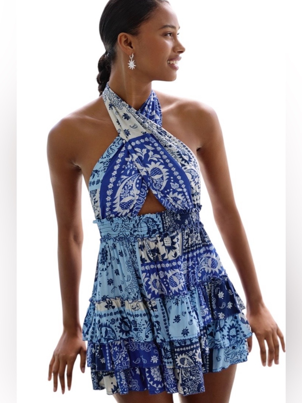 Agua Bendita Maona Ruffle Halter Mini Dress  Blue & White  $230 NWT Sz Small
